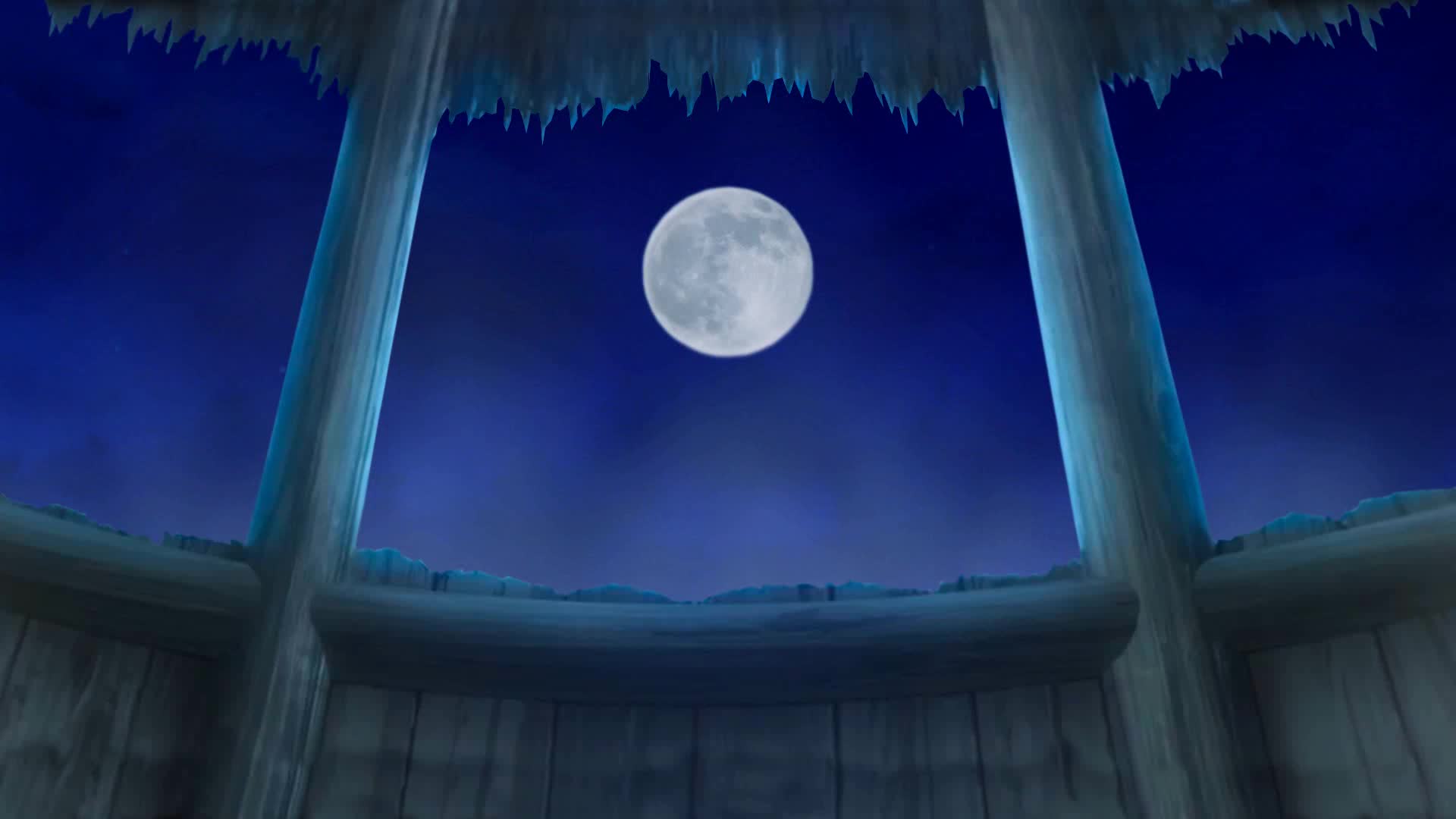 古代木屋茅屋窗口明月夜景