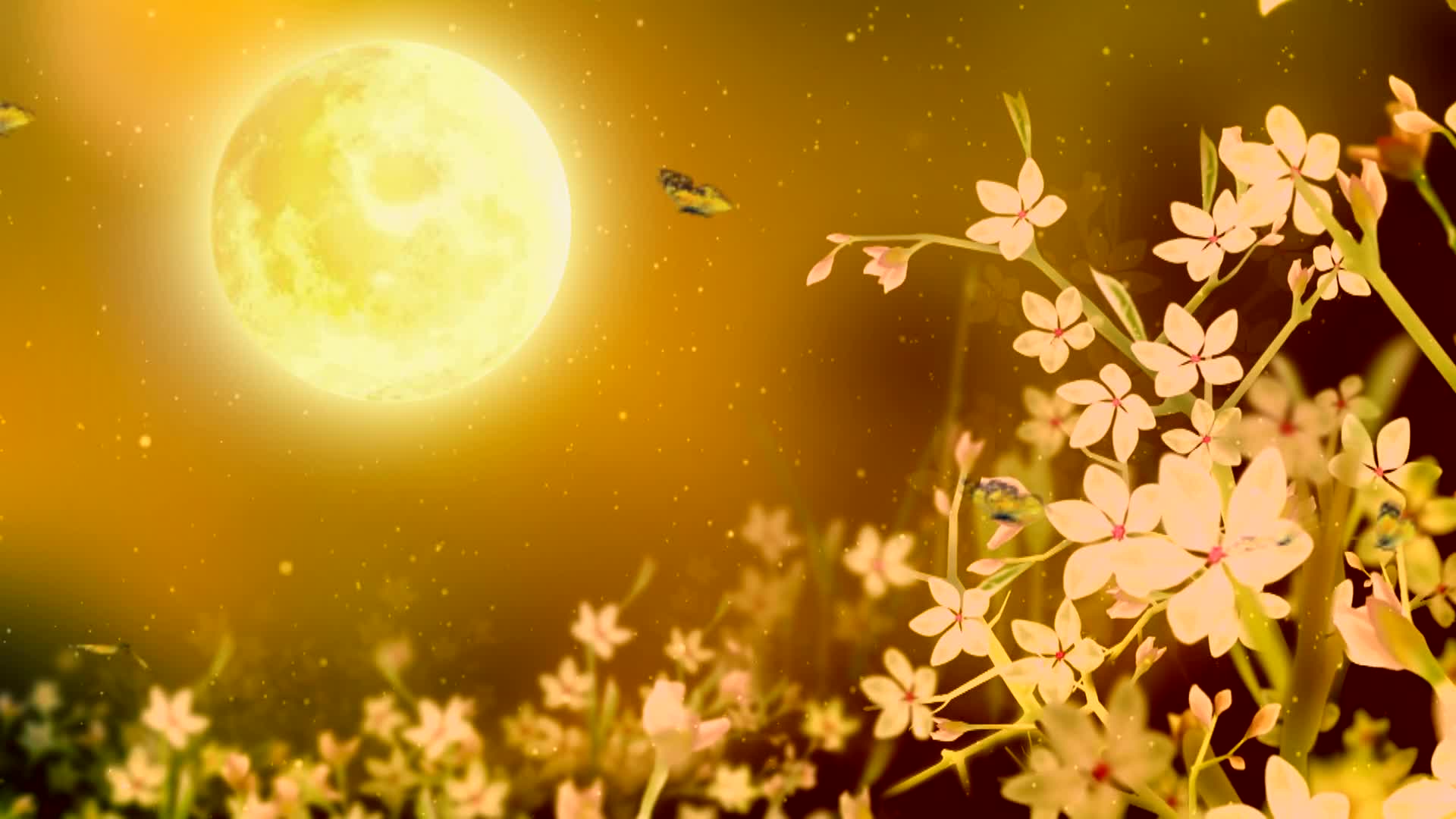 唯美金色月亮花朵蝴蝶