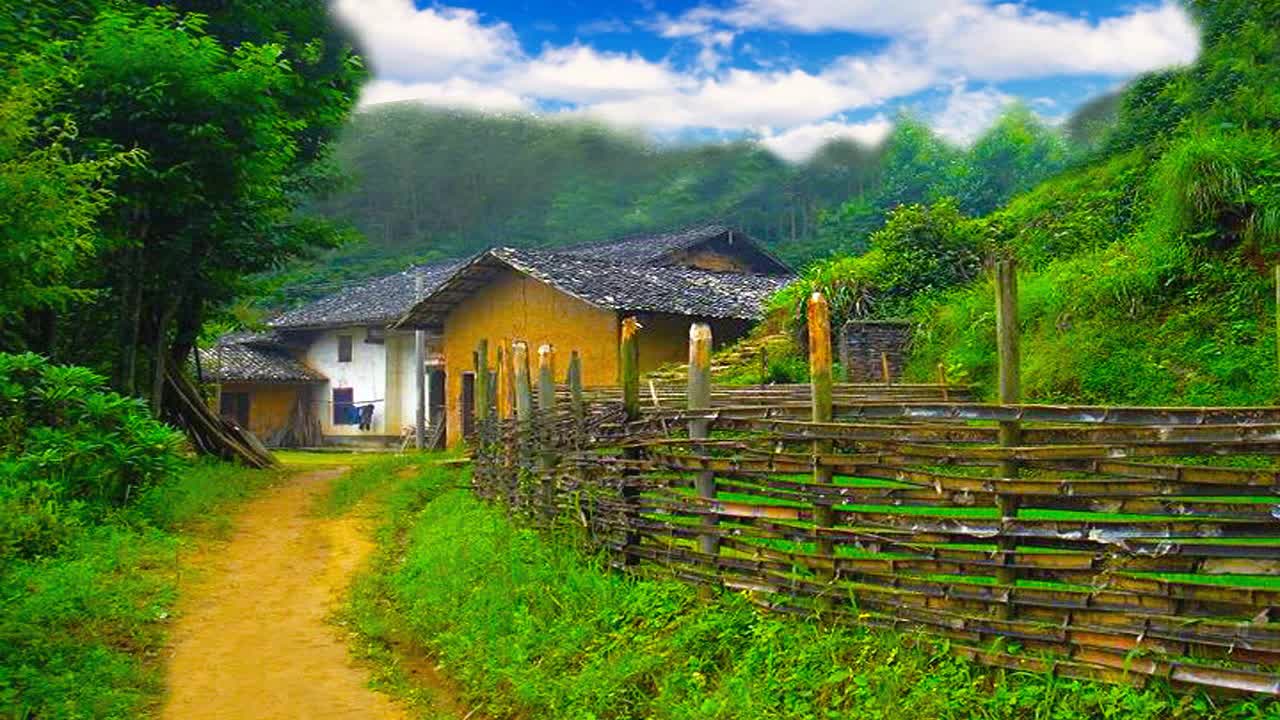 山间小路田园人家篱笆背景